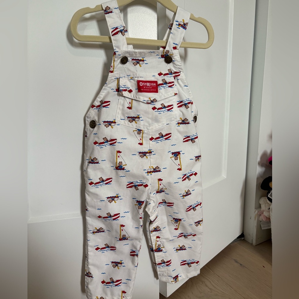 OshKosh B'gosh White Overalls with Red and Blue Boat Print